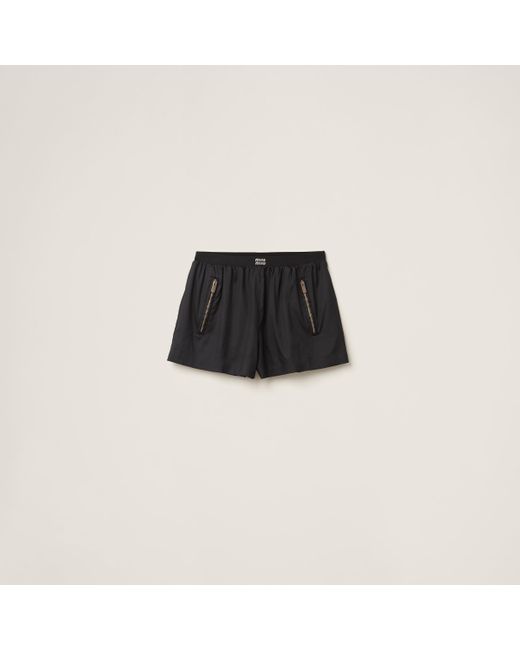 Miu Miu Black Technical Silk Shorts With Printed Logo