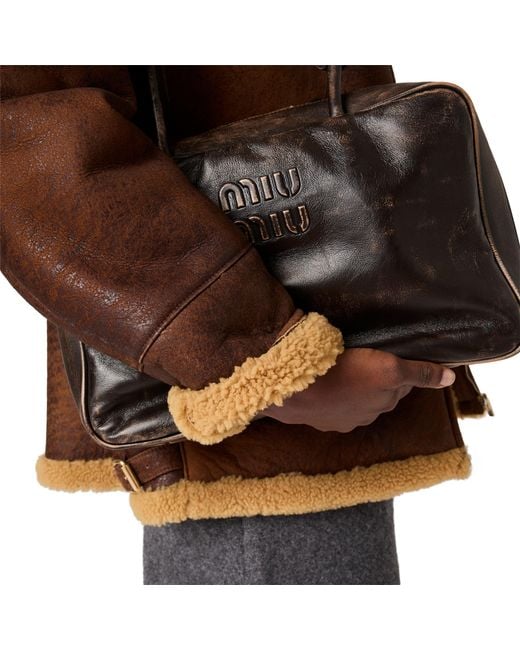 Miu Miu Brown Waxed Shearling Blouson Jacket