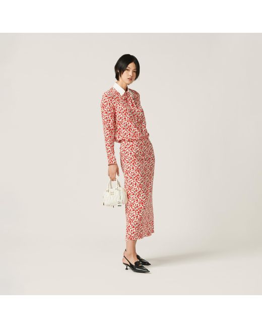 Miu Miu Red Floral Print Crepe De Chine Skirt