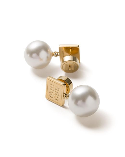 Miu Miu White Metal And Synthetic Pearl Earrings
