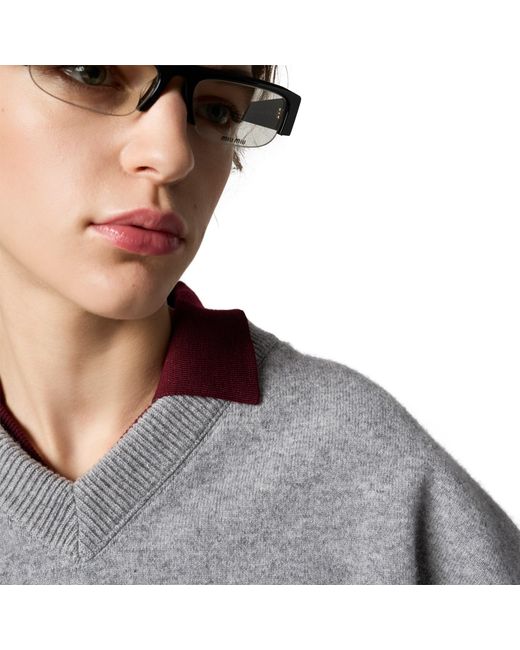 Miu Miu Gray Cashmere And Jersey V-Neck Sweater