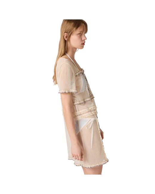 Miu Miu Natural Embroidered Tulle Mini-Dress