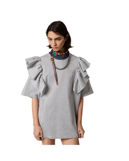 Miu Miu Gray Cotton Crew-Neck Dress