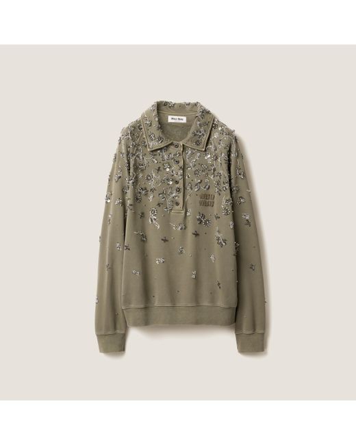 Miu Miu Green Embroidered Garment-Dyed Cotton Fleece Polo Shirt