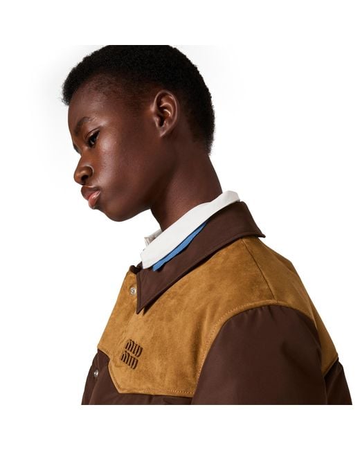 Miu Miu Brown Technical Pongé And Leather Down Jacket