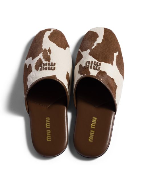 Miu Miu Brown Printed Leather Slippers