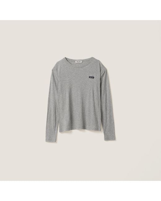 Miu Miu Gray Long-Sleeved Ribbed Jersey T-Shirt