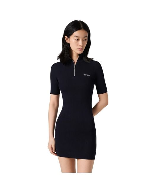 Miu Miu Blue Ribbed Knit Cotton Dress
