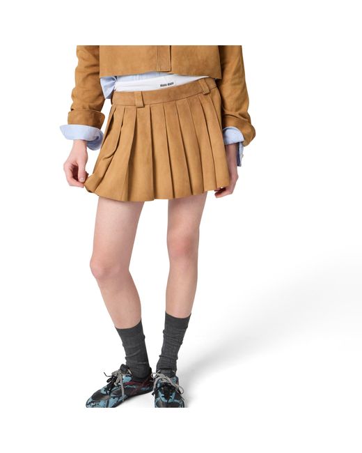 Miu Miu Natural Pleated Waxed Suede Mini-Skirt
