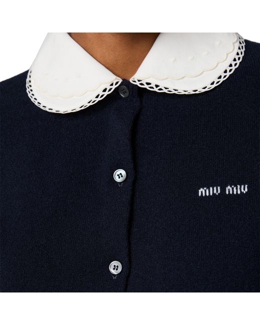 Miu Miu Blue Cashmere Cardigan With Embroidered Poplin Collar