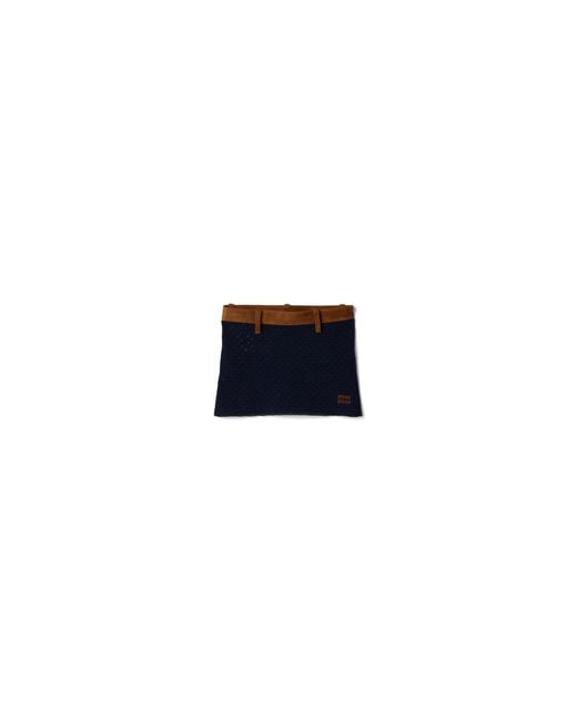 Miu Miu Blue Cotton Crochet And Suede Miniskirt
