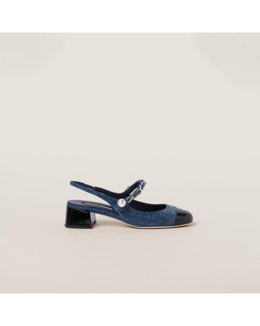 Miu Miu Blue Denim And Patent Leather Slingback Pumps With Artificial Crystals