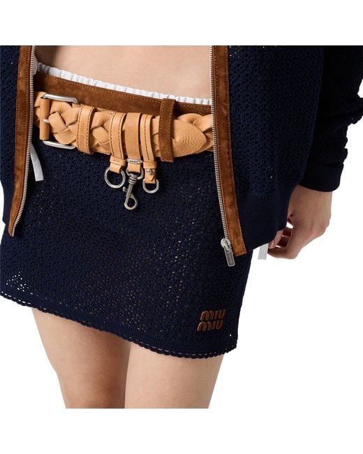 Miu Miu Blue Cotton Crochet And Suede Miniskirt