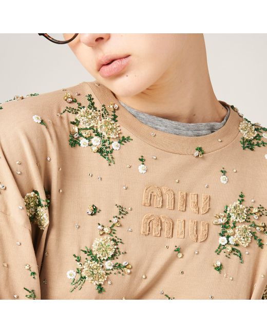 Miu Miu Natural Garment-dyed Long-sleeve Jersey T-shirt With Embroidery