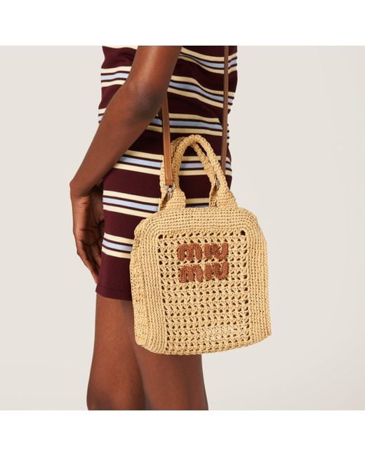 Miu Miu Metallic Raffia-Effect Crochet Fabric Tote Bag