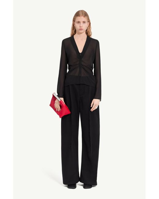 MM6 by Maison Margiela Black Gathered Chiffon V-Neck Top