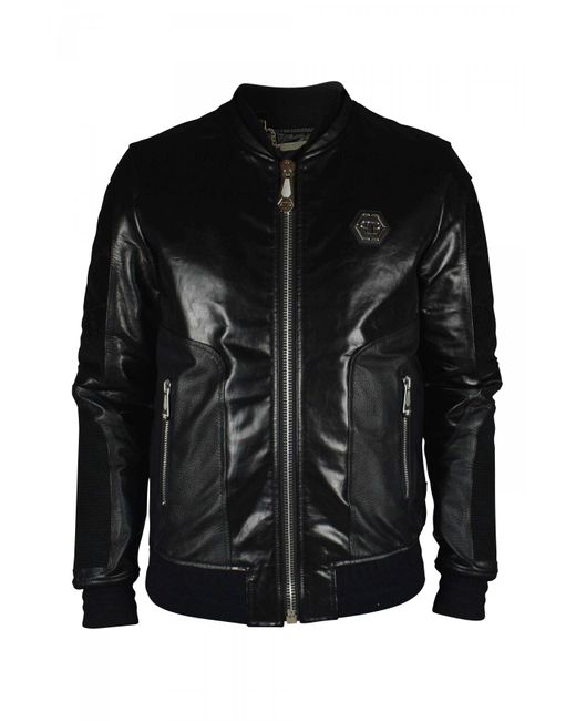 Philipp Plein Black Leather Bomber Jacket With Suede Inserts for men