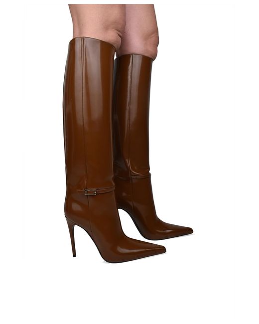 Saint Laurent Brown Vendôme Buckled Glossed-leather Knee Boots