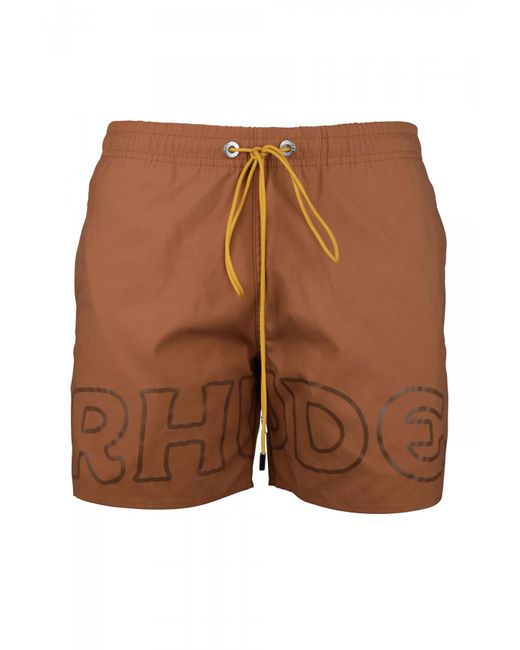 Rhude Brown Nylon Swim Shorts With Contrast Drawstrings for men