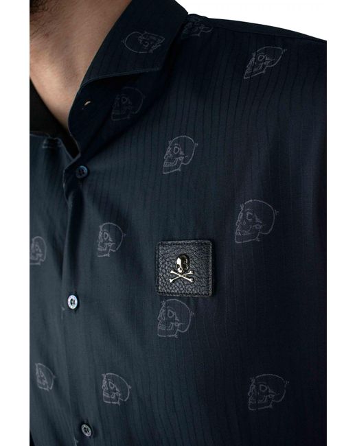 Philipp Plein Blue Skull Print Striped Cotton Shirt for men