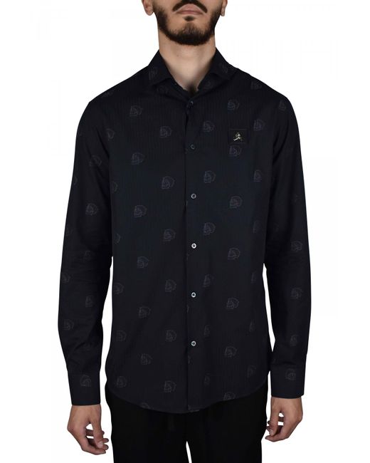 Philipp Plein Blue Skull Print Striped Cotton Shirt for men