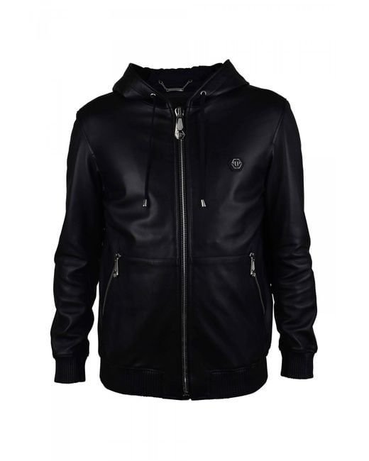 Philipp Plein Blue Smooth Leather Hooded Jacket for men