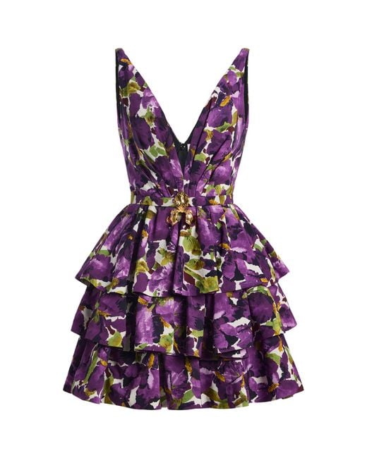 Oscar de la Renta Purple Ruffled Watercolor Iris Mini Dress