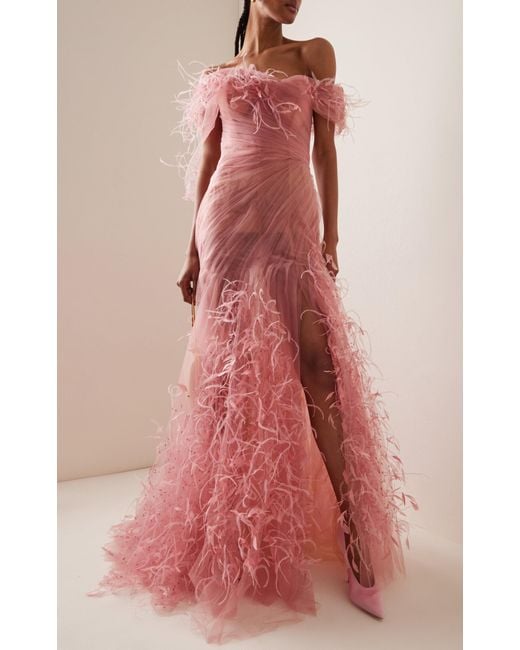 Marchesa Pink Feather-embroidered Tulle Off-the-shoulder Gown