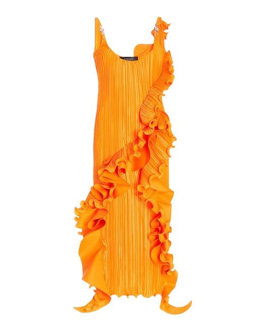 Versace Orange Ruffled Plissé Midi Dress