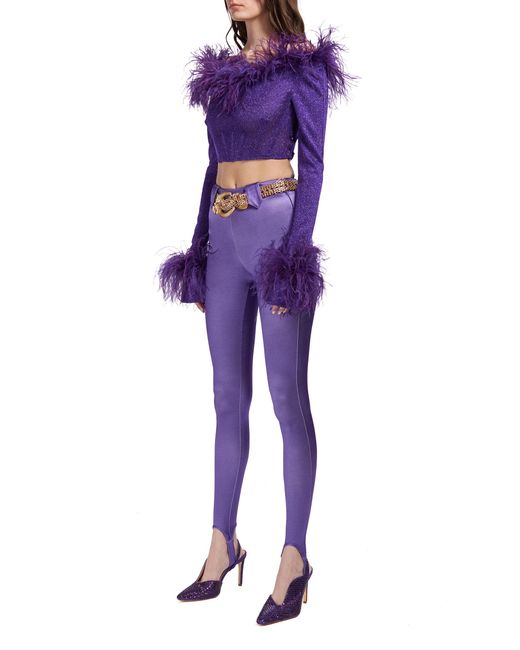RAISA & VANESSA Purple Feather-trimmed Glittered Knit Corset Top
