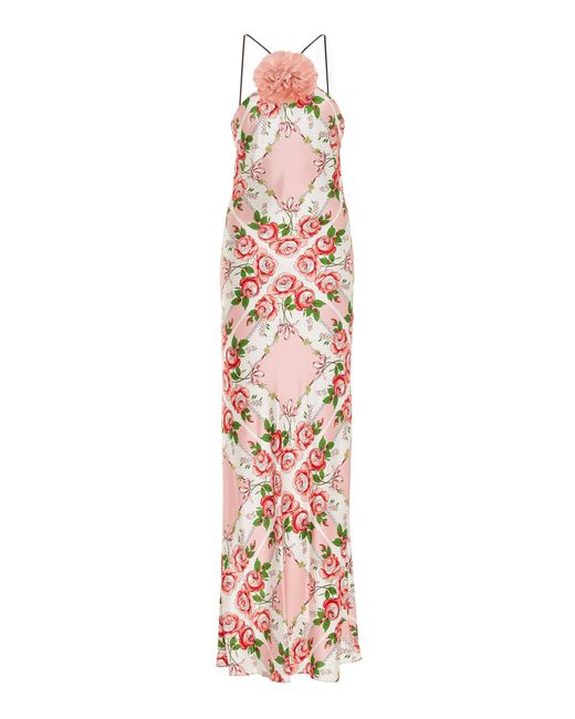 Rodarte White Floral-detailed Rose-printed Silk-satin Slip Gown