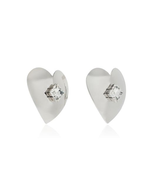 Alessandra Rich White Silver-tone Crystal Heart Earrings