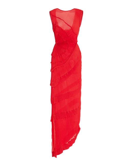 Georgia Hardinge Red Opal Ruffled Plissé-chiffon Maxi Dress