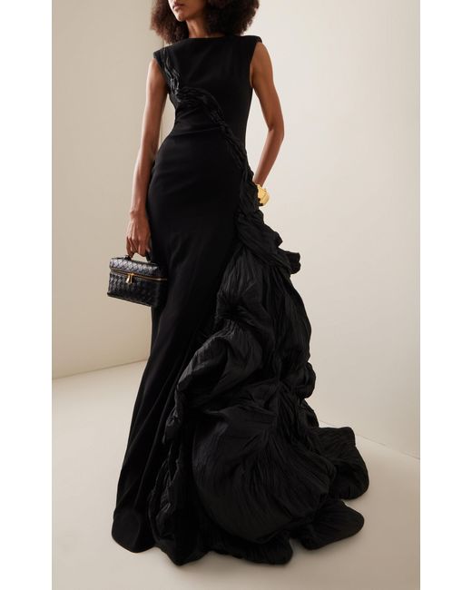 Marmar Halim Black Organza-detailed Silk-crepe Gown