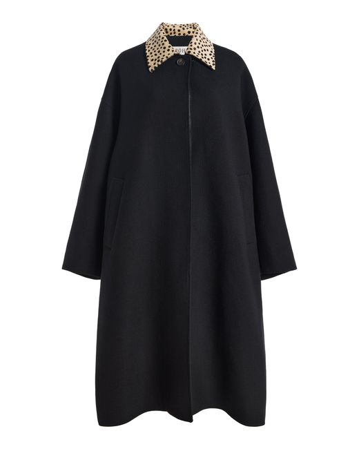 Rohe Black Cheetah Collar Wool Coat