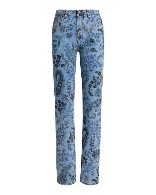 Etro Blue Patterned Stretch-Denim Straight-Leg Jeans