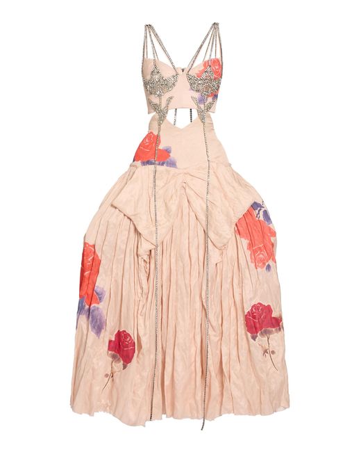 Erdem Pink Floral-Printed Crushed Satin Maxi Dress
