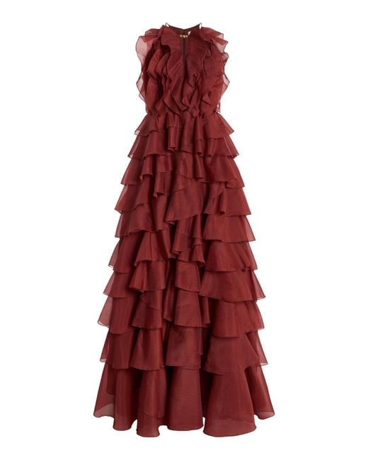 Aje. Red Cleo Ruffled Chiffon Gown