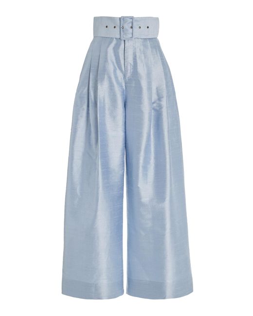 Rosie Assoulin Blue Exclusive Belted High-waisted Wide-leg Silk Pants