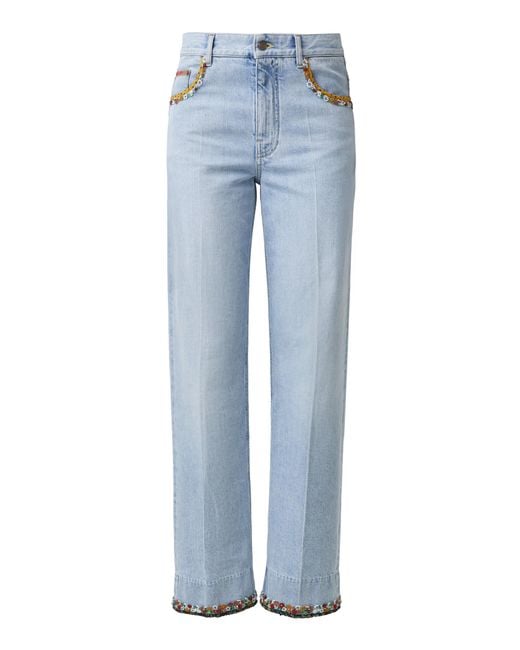 Valentino Garavani Blue Embroidered Mid-Rise Straight-Leg Jeans