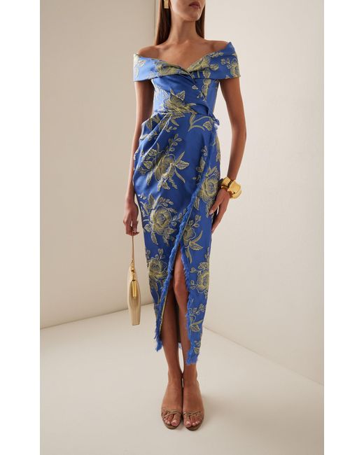 Etro Blue Off-the-shoulder Floral-satin Midi Wrap Dress