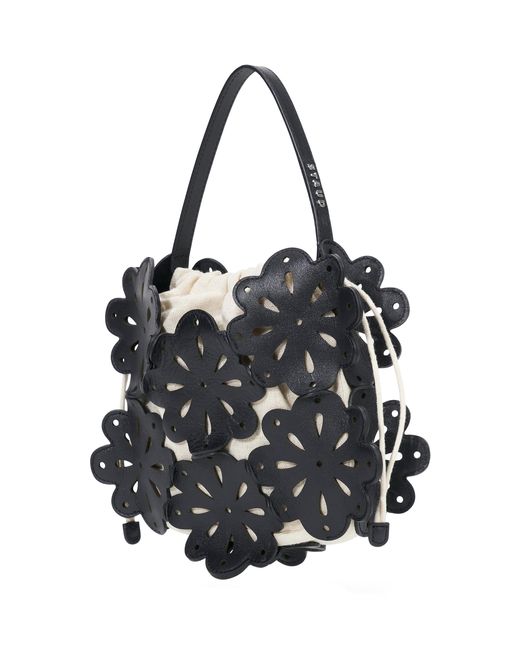 Staud Black Flora Laser-cut Leather Basket Bag