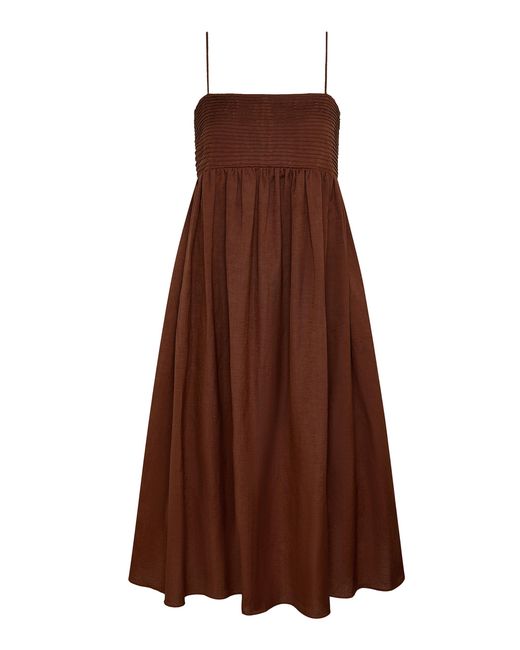 Onia Brown Pintuck Linen-Blend Midi Dress