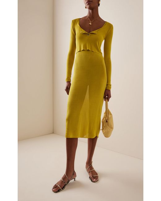 Brandon Maxwell Yellow The Catherine Knit Midi Henley Dress