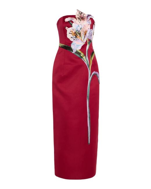 LEO LIN Red Rayna Floral-Appliquéd Lily-Print Crepe Maxi Dress