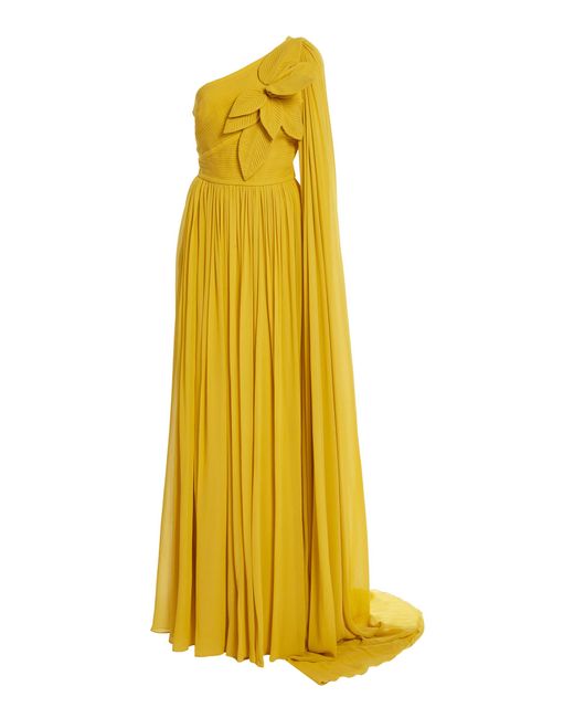 Elie Saab Yellow Floral-appliqued Silk One-shoulder Gown