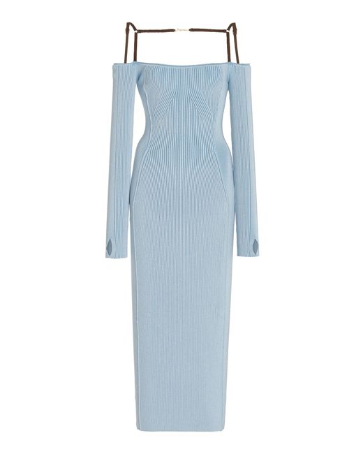 Jacquemus Blue La Sierra Ribbed-knit Off-the-shoulder Midi Dress