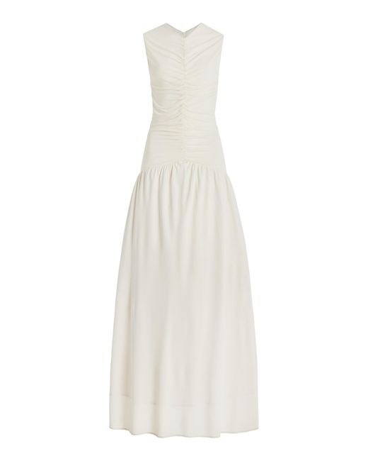 Anna Quan White Fleur Ruched Jersey Maxi Dress
