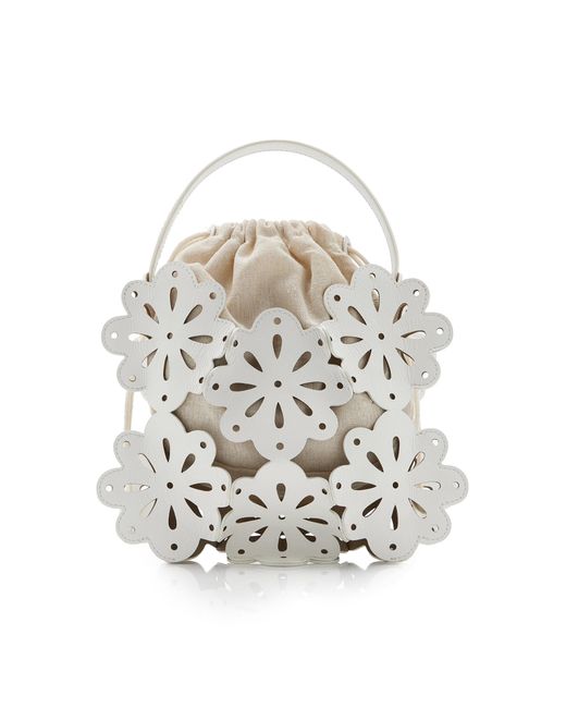 Staud White Flora Laser-cut Leather Basket Bag