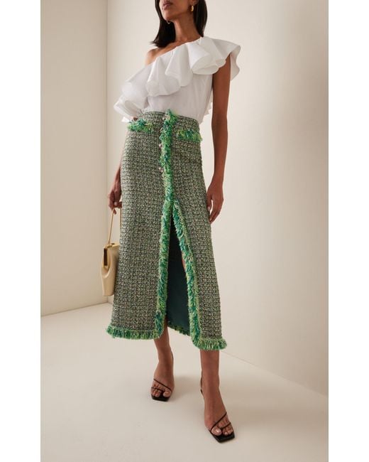 Giambattista Valli Green Fringed Boucle Tweed Maxi Skirt